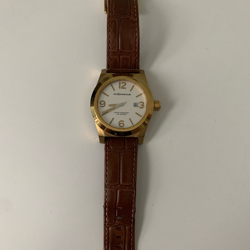 Brown and gold Acquatech watch. Real leather band.